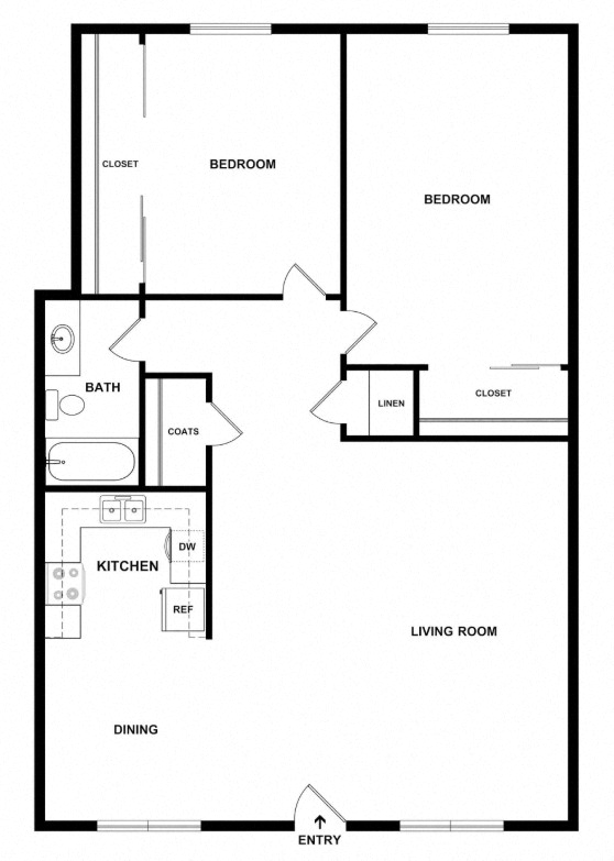 Floor plan for 2 beds, 1 bath, 763 sqft